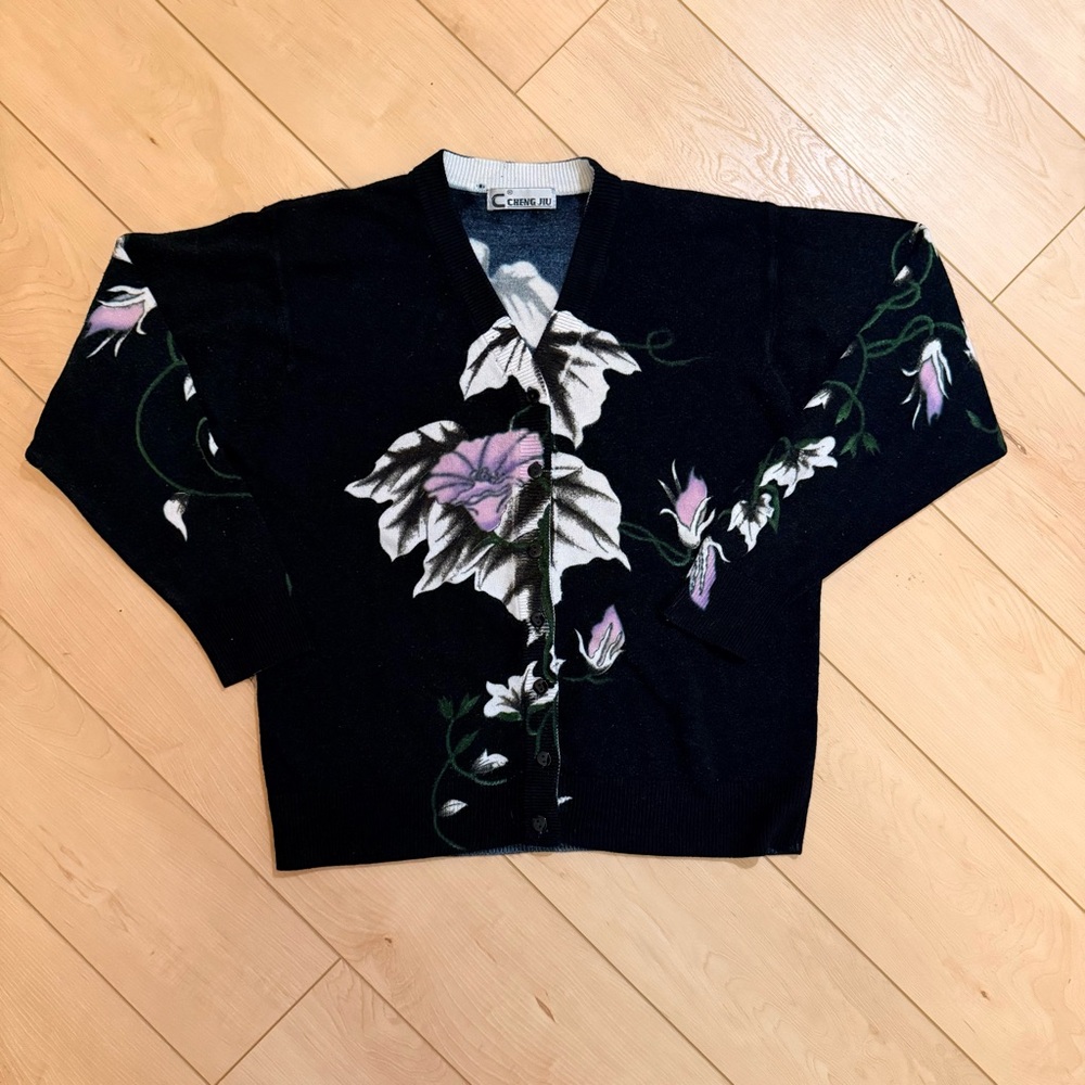 Black Floral Button-Up Cardigan with Lily Print